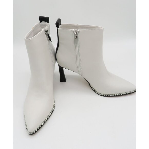 BCBGeneration White Leather Ankle Boots Rhinestone Black Heel Side Zipper 8.5 - Picture 5 of 7